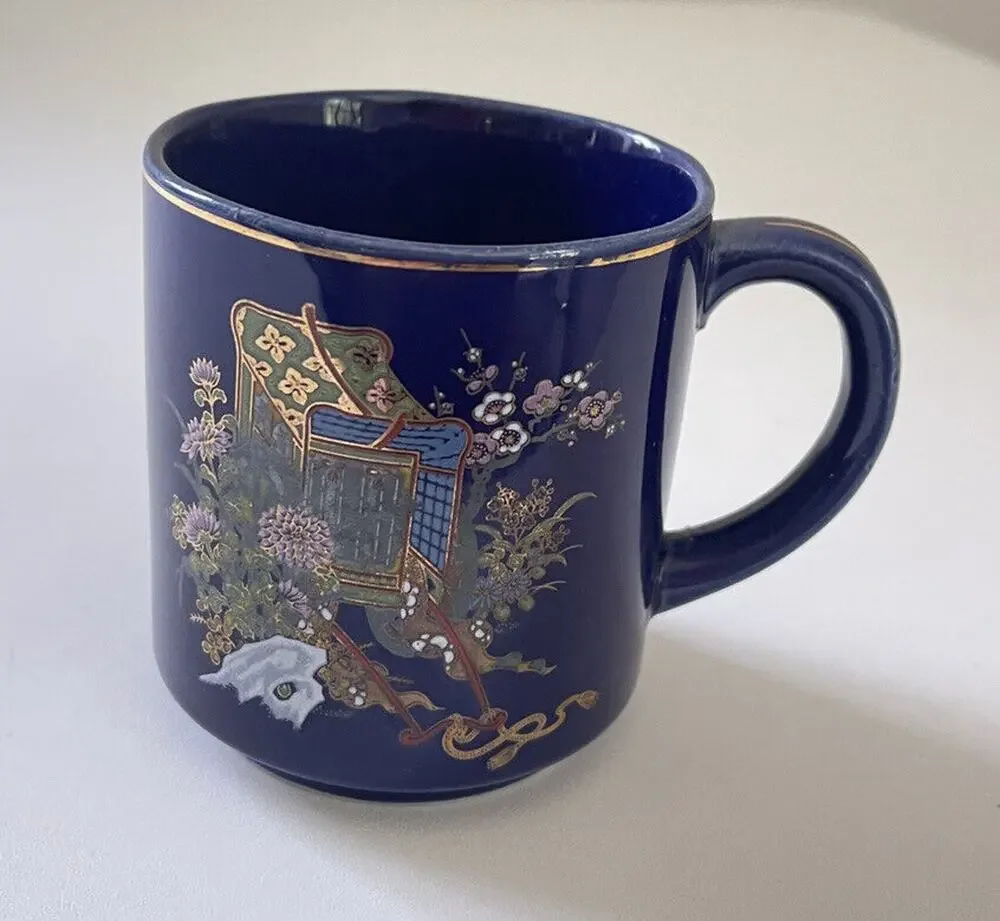 Vintage Floral Rickshaw Design Cobalt Blue Mug Gold Trim Coffee Tea Cup Japan